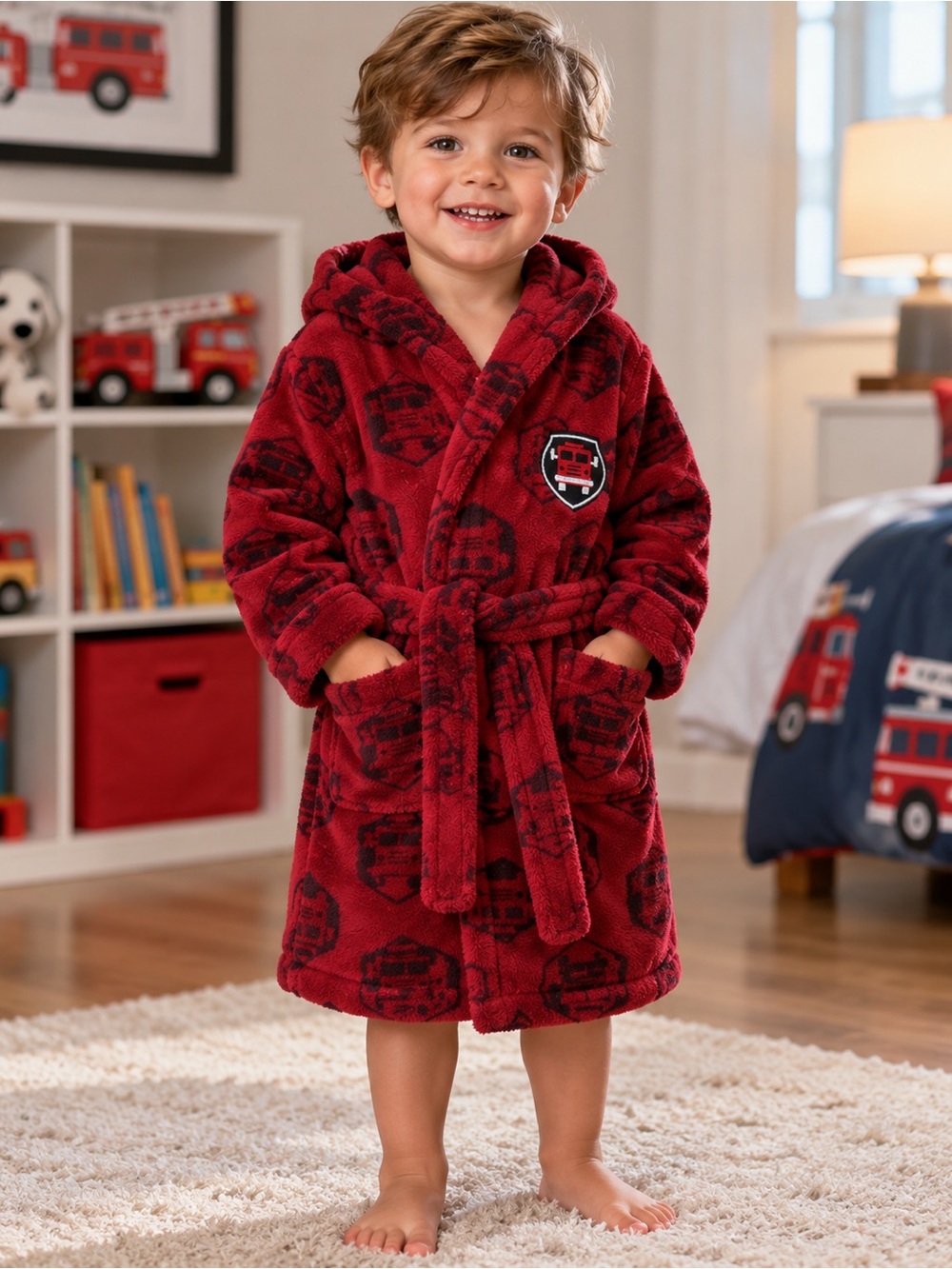 🚒 PL Sleep Boys’ Fire Truck Hooded Fleece Robe – Size 2 Toddler – Red Black